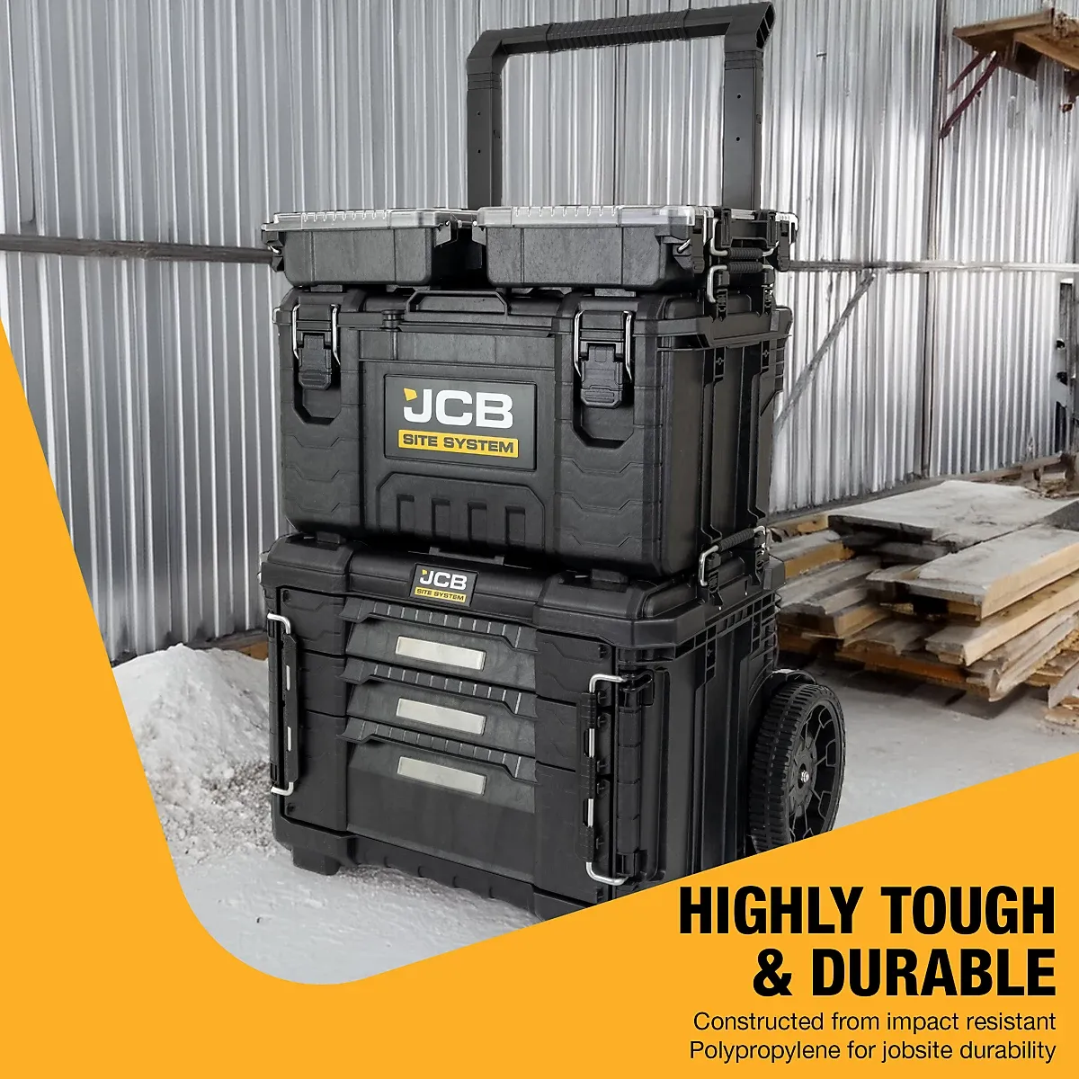 JCB Site System 5-Piece Tool Storage Set, Heavy-Duty Modular Toolboxes & Cart - Image 3